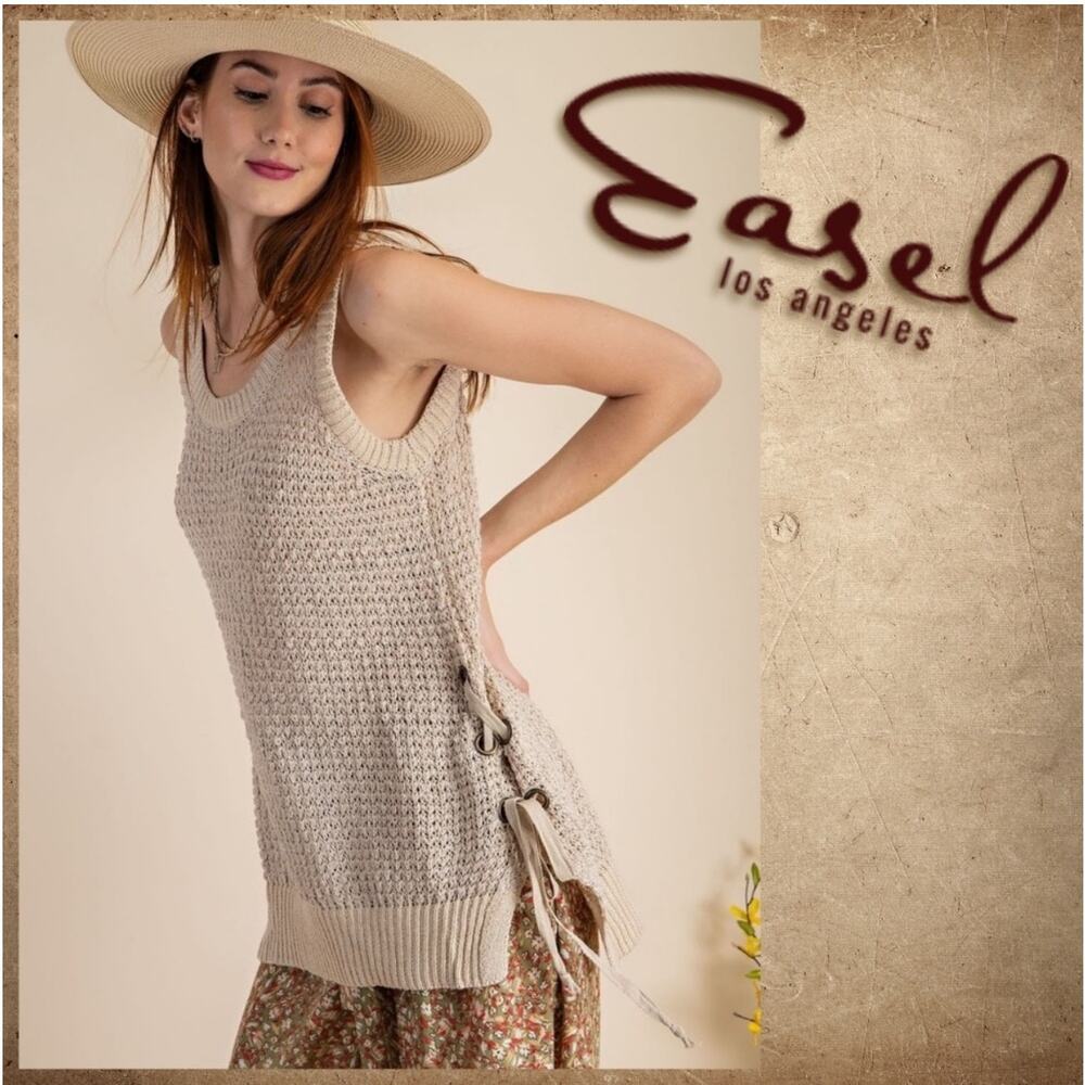 EASEL Sweater Medium Loose Knit‎ Sleeveless High Low With Side Ties Laces NWT